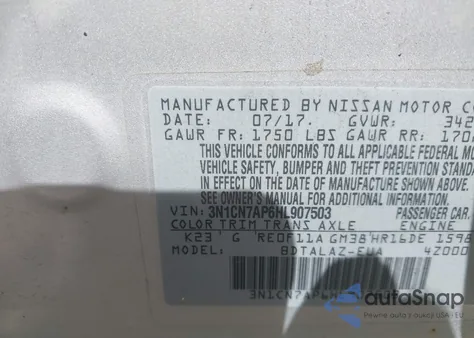 2017 Nissan Versa 1.6 S+ z USA, uszkodzony, nr VIN 3N1CN7AP6HL907503